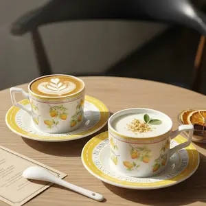 Hand-Painted Lemon Coffee Cup Set, Large Espresso Mug with Saucer, Ceramic Art Cup, Retro Style, 14.8 Oz, Stripes Pattern