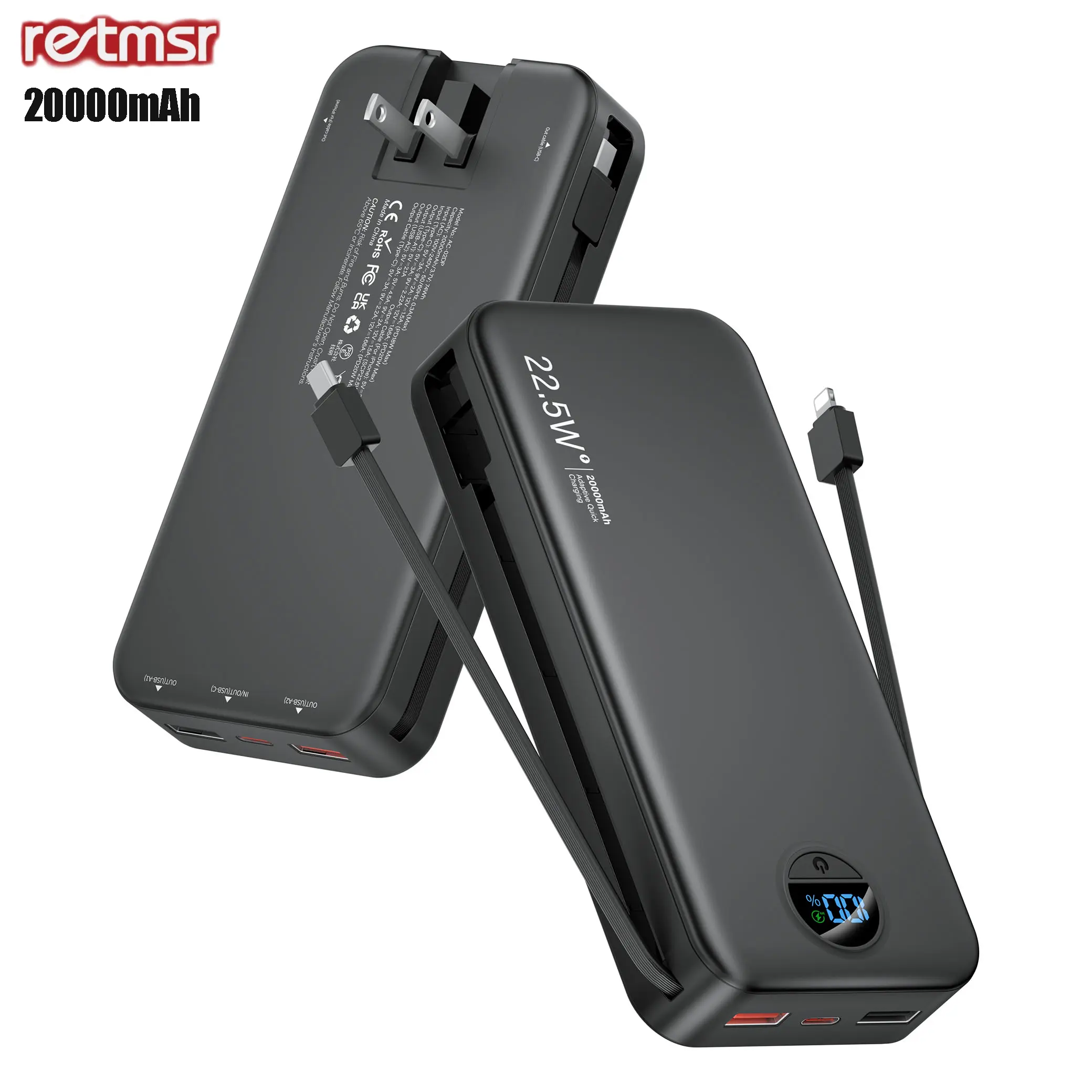 RETMSR 10001-20000mAh Chargeable Portable Power Bank, 22.5W Fast Charging Travel Battery Pack with Built-in Cables, Wall Plug, Digital LED Display, No Adapter Needed, Smartphone Accessories for iPhone, Samsung, Android, Black
