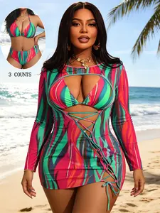 Women's Plus Size Sexy Halter Tie Front Bikini Set with Cover-Up, Multicolor, Summer Beach Bikini, Perfect for Beach Poolside, New Arrival, Swimsuit, Halter Swimsuits