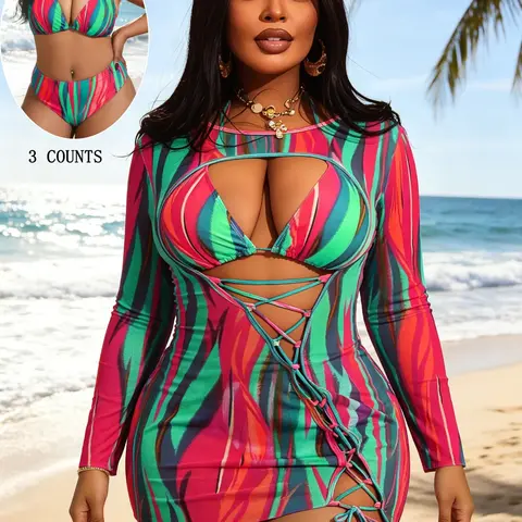 Women's Plus Size Sexy Halter Tie Front Bikini Set with Cover-Up, Multicolor, Summer Beach Bikini, Halter Bikinis, Perfect for Beach Poolside, New Arrival, Swimsuit, Halter Swimsuits, Swimwear Bikini