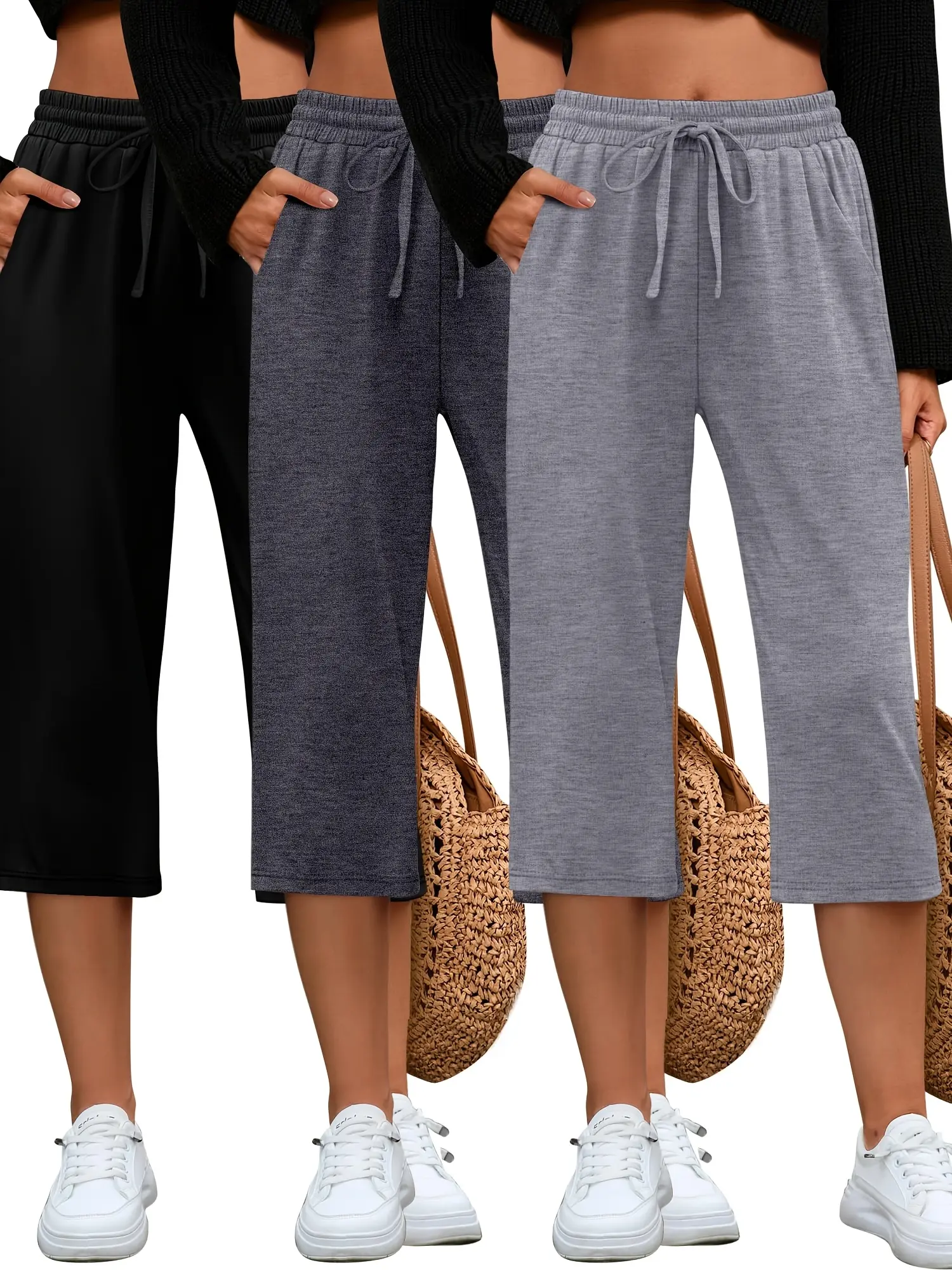 Women's 3-Pack Capri Joggers Sweatpants - Cozy Lounge Drawstring Wide-Leg Pants with Pockets, Casual Athleisure, Fitness Gym Bottoms, Activewear for Yoga, Athletic Workout Daily Wear, Casual Athleisure Pants, Athletic Workout Pants
