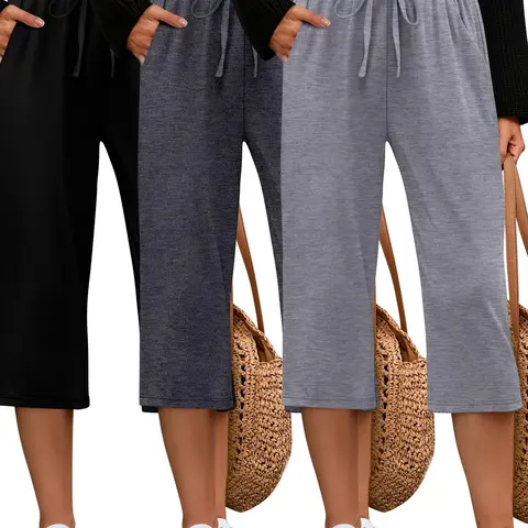 Women's Fitted Elastane 3-Pack Capri Everyday Jogger Sweatpants - Cozy Wide-Leg Drawstring Casual Fitness Pants with Deep Side Pockets, All-Seasons Fitness Trousers for Gym Yoga & Daily Wear