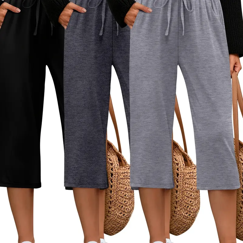 Women's Fitted Elastane 3-Pack Capri Everyday Jogger Sweatpants - Cozy Wide-Leg Drawstring Casual Fitness Pants with Deep Side Pockets, All-Seasons Fitness Trousers for Gym Yoga & Daily Wear
