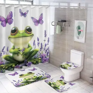 4pcs Rustic Frog Flower Shower Set with Rugs, Lid Cover and Bath Mat, Animal Curtains Shower Curtains, 72" X 72"