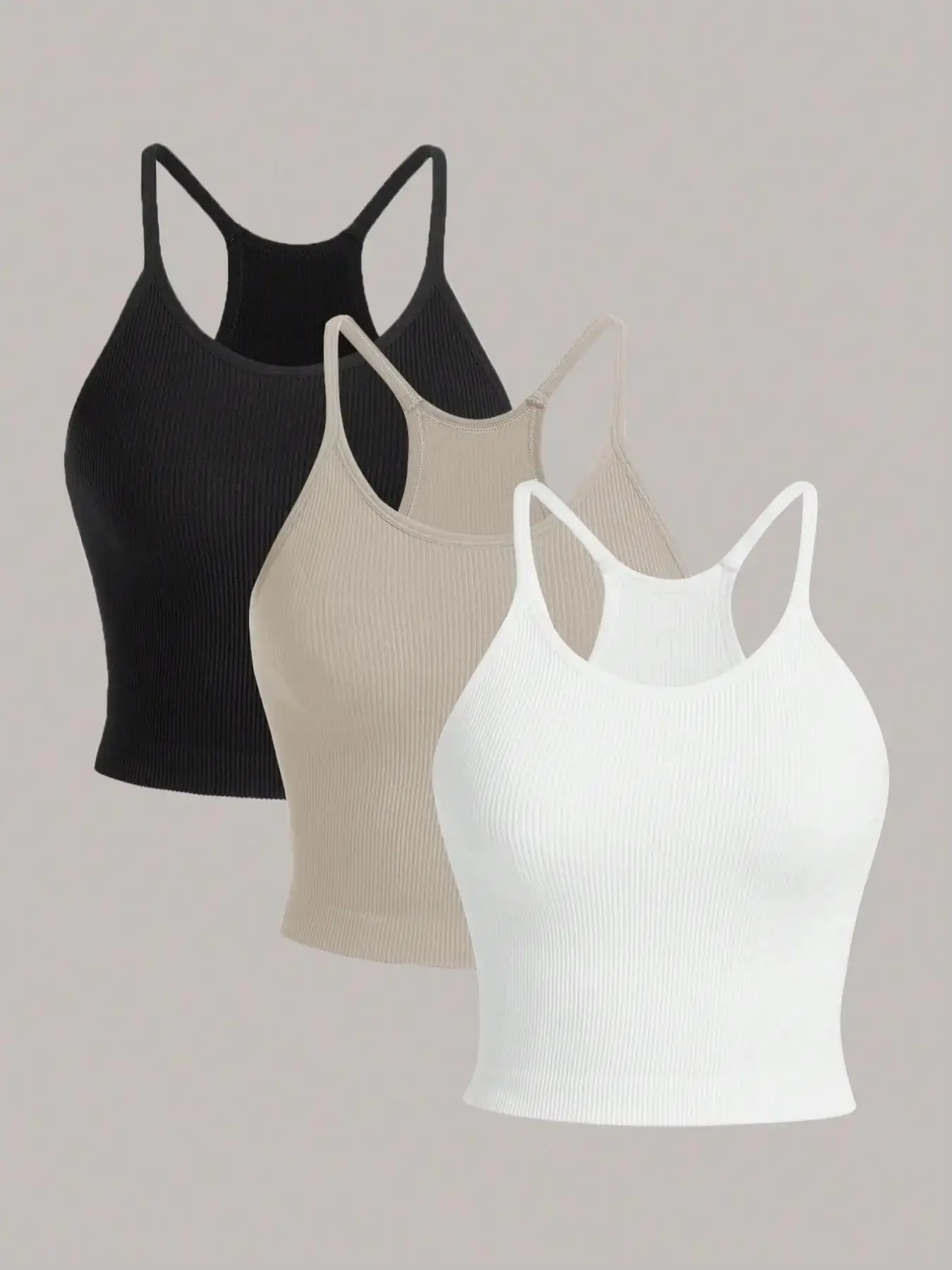 Women's Solid Spaghetti Strap Ribbed Sports Vest, Back To School Outfits, Casual Sporty Comfy Breathable Sleeveless Crop Sports Top for Yoga Gym Worko