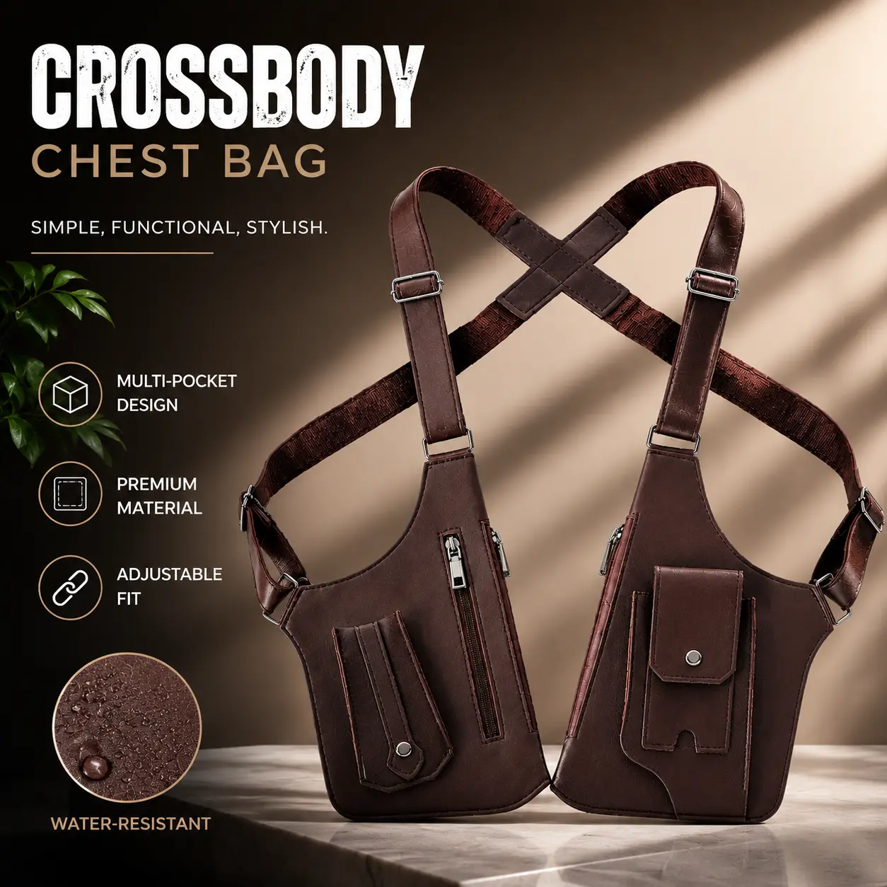 Generic Adjustable Faux Leather Sling Bag Crossbody Shoulder Bag with Concealed Storage Pocket for Men and Women Outdoor Travel and Commuting