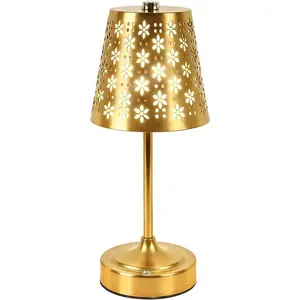 Rechargeable Cordless Table Lamp, Touch Control Battery Powered Bedside Lamp with Floral Cutout Shade, 3 Color Stepless Dimmable Decorative Nightstand Lamp for Bedroom (Gold)