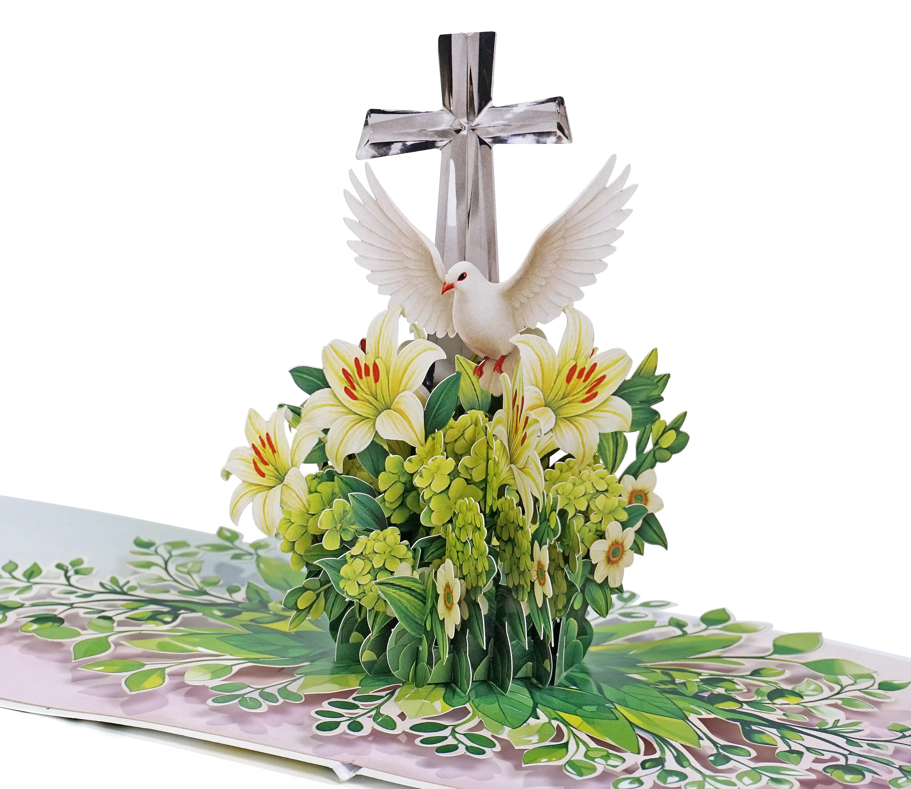 CUTPOPUP 3D Religious Sympathy Pop-Up Card, Lily with Cross Design, Caring Thoughts & Prayers Blank Note Card with Envelope US8-SD257US