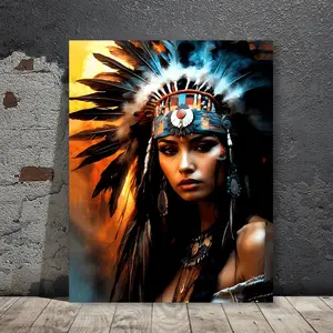 a Native Woman Canvas Painting with Wooden Frame-Vibrant Mural, Suitable for Living Room Or Bedroom Decoration, 11.7 "X 15.7", Modern American Home Decoration, Mural Decoration