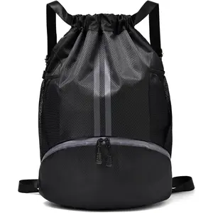 Black Drawstring Gym Bag for Men, Waterproof Drawstring Backpack for Women, Swim Bag with Shoes Compartment, Pull String Sport Bag for Soccer and Basketball.