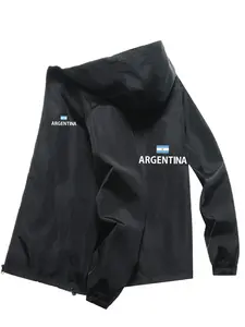 Men's Fashion Jacket with Argentina Letter Print, Casual Hooded Design, Zipper Pockets, Polyester Material, Spring & Fall Wear