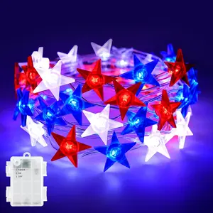 4th of July Red White and Blue Star String Lights 13ft 40 LED Battery Operated Outdoor Waterproof Patriotic Lights with Timer for Independence Day, Memorial Day & Presidents Day Decorations