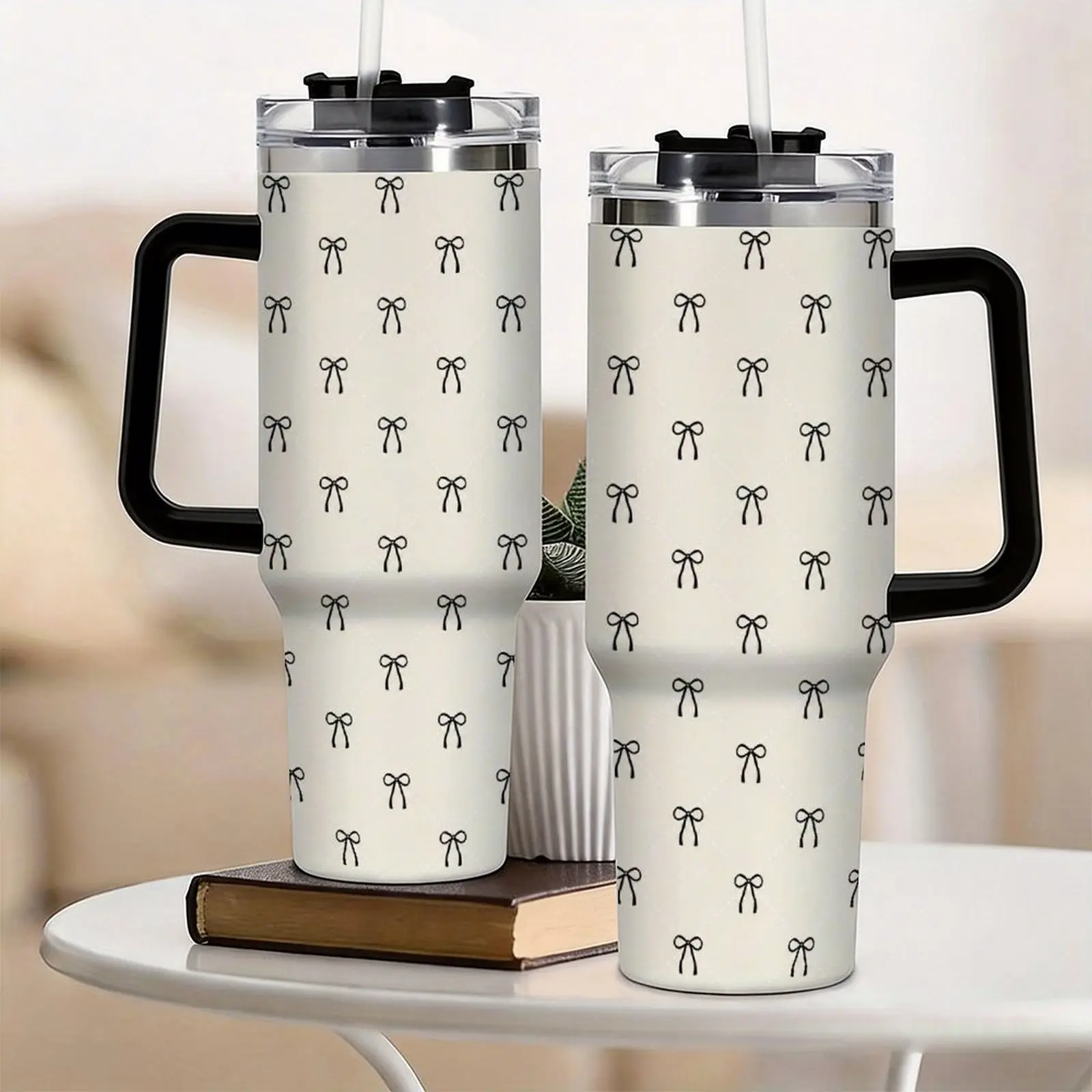 40oz Stylish Bow Pattern Insulated Stainless Steel Tumbler - Portable Vacuum Flask with Black Handle Flip Straw Lid, Ideal for Everyday Use Kitchenware Drinkware, Flasks, Spill-Proof