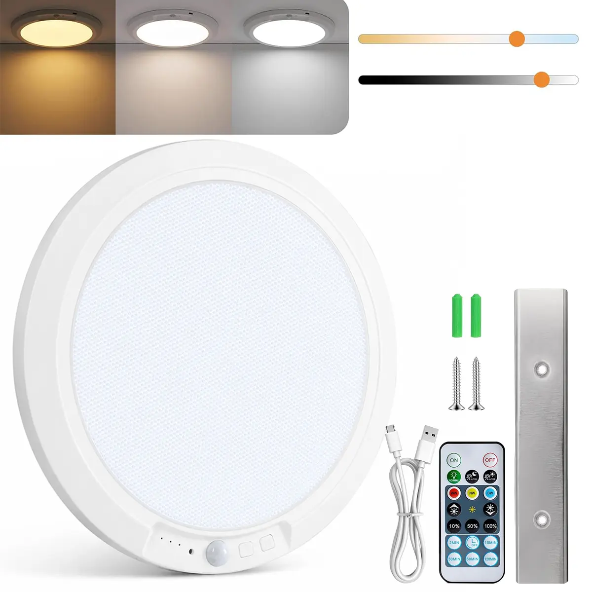 Rechargeable Magnetic Motion Sensor Ceiling Light with Remote - Wireless Puck Light, 3 Color Dimmable & Auto Timer, Battery Powered for Closet, Shower, Stairs, Shed