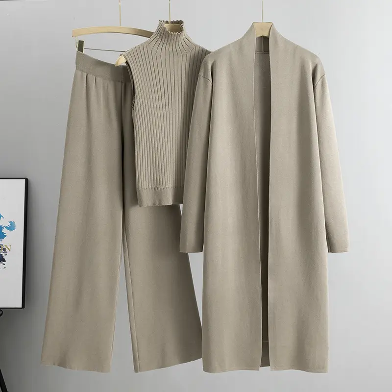 Spring and Autumn Loose Knitting Suit Women's Long Shawl Cardigan + Turtleneck Vest + Wide Leg Pants Three-Piece Tank Top Set