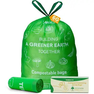 6 Gallon Compostable Drawstring Trash Bags, Heavy Duty Extra Thick 1 Mil, 35 Bags, Tall Kitchen Food Scrap Waste Bag ASTM D6400