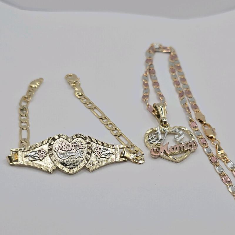 MOTHER'S GIFT SET mama #1 necklace mama bracelet heart and figaro style GOLD-PLATED 7"inches three colors