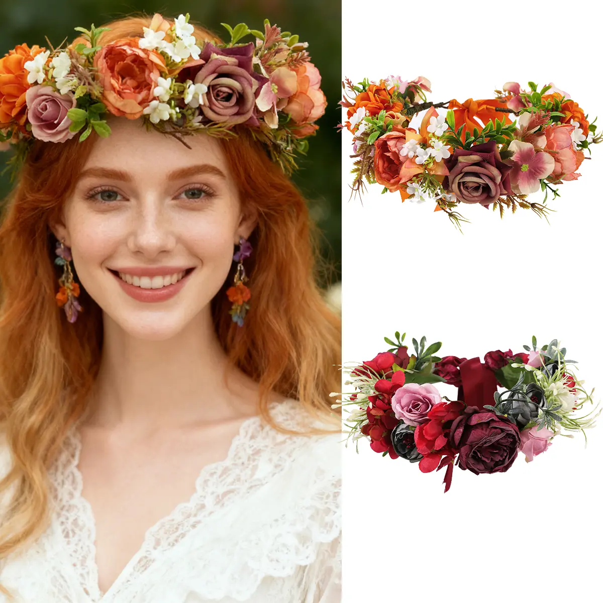AWAYTR Flower Crown, Women's Handmade Boho Hair Accessory with Red Paper Flowers for Engagement, Festivals & Photo Shoots, Bridal Headpiece, Circular, Ceremony, Wedding, 48Cm, Round Crown, Slip-Free, Female