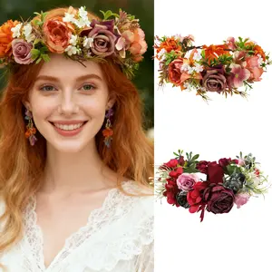 AWAYTR Fashion Women's Floral Crown Orange/Red Simulated Flower Garland Headband Boho Floral Headpiece for Bride Bridesmai Wedding Headwear Hair Accessories