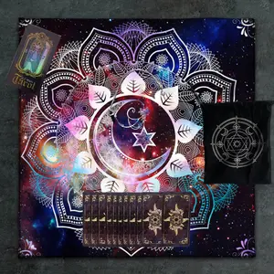 4PC Colorful Life Flower Decorative Tarot Card Reading Set - This set is for tarot scholars to use in a tarot astrology kit. It includes 1 set of 78 tarot cards, 1 polyester drawstring bag, 1 tablecloth, 1 pendant, and a party supplies set.