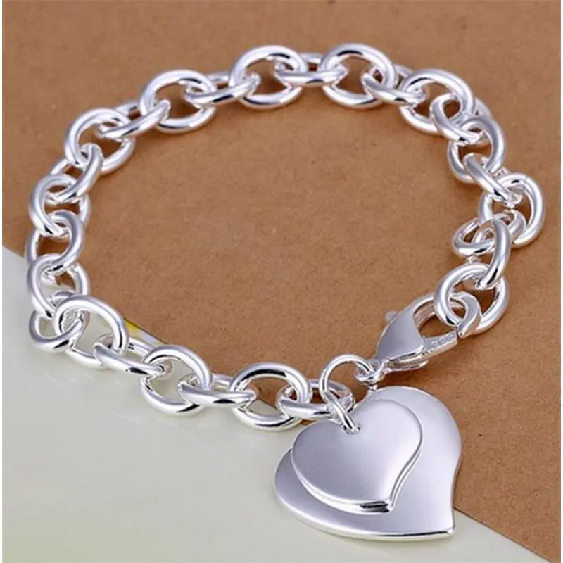 Womens 925 Sterling Silver Love Heart Pendant Link Chain Fashion Bracelet #B333