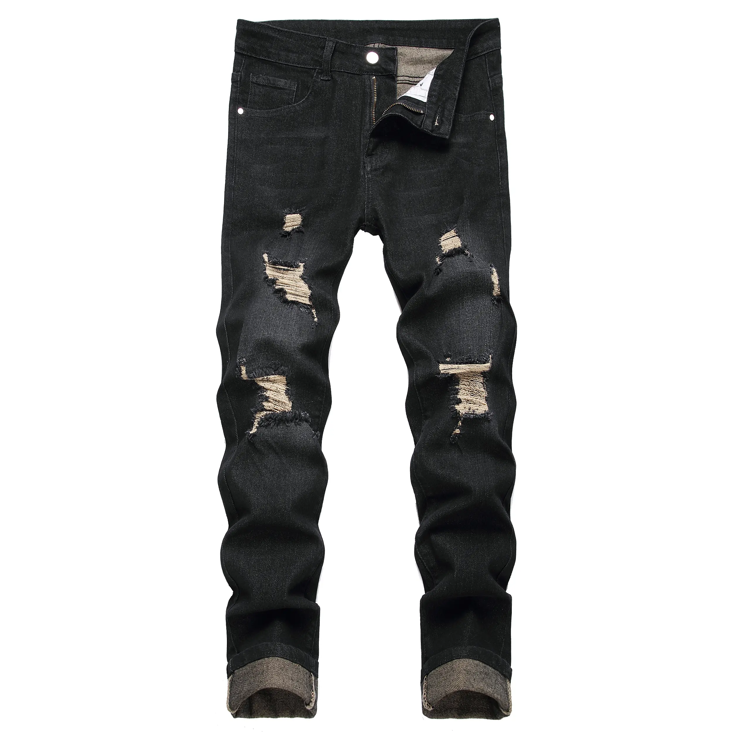 JUNBAOSS Men's Slim Fit Stretch Jeans Colored Ripped Jeans for Men, Casual Fashion Straight Leg Comfort Flex Waist Skinny Denim Pants, Menswear Trouser Streetwear Motocross Jeans with Plain Pockets