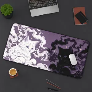 Yin Yang Cosmic Cats Desk Mat | Black and White Cat Illustration Mouse Mat Magic Gothic Witchy Tarot Purple Night Sky