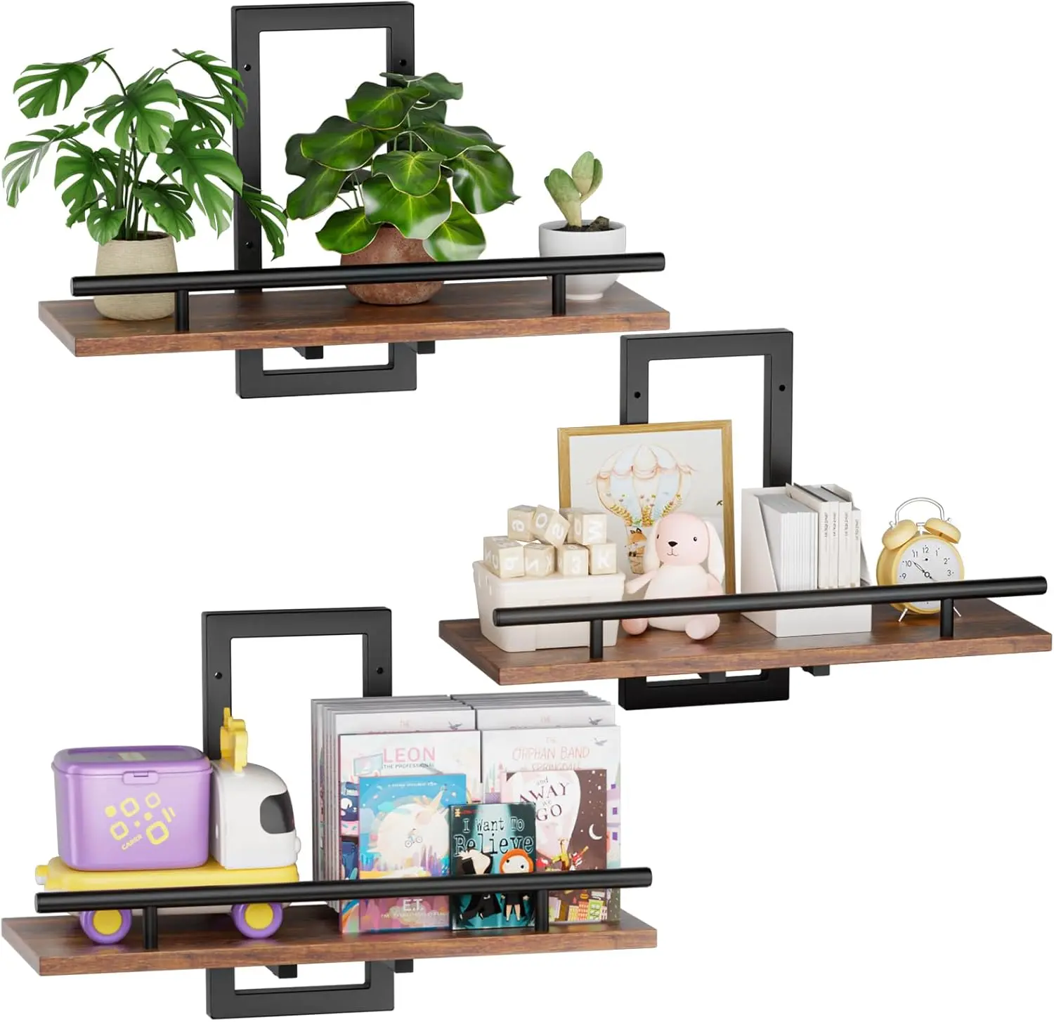 Wall Mounted Floating Plant Shelves, Wooden Wall Planter Display Rack, Decor Wall Storage Organizer for Bedroom Living Room Kitchen Office Bathroom Indoor Plant Decor