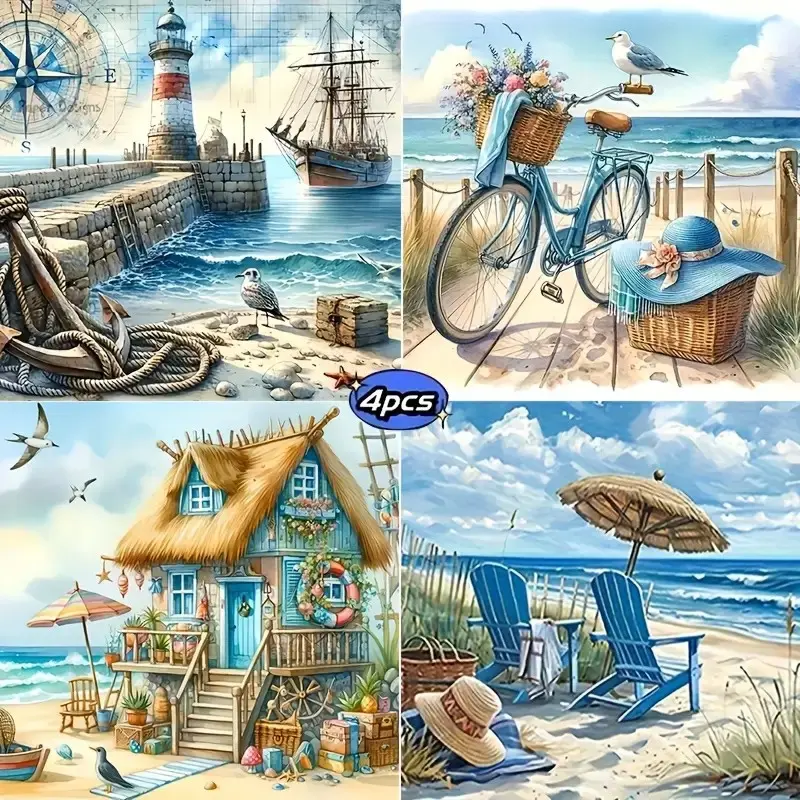 4pcs Beach Landscape Diamond Painting Kit, Adult Art Craft Set, Frameless DIY 5D Diamond Art, Home Decor, Full Round Drill, Serene Vibe, Beautiful Scenery, Round Diamonds, Stunning Visual Effects, Handcraft, DIY Kits