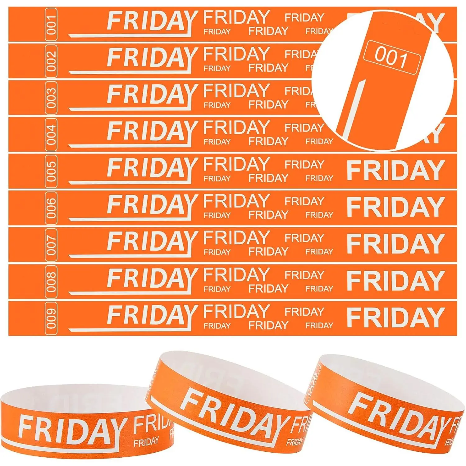 600 Pcs Numbered Waterproof Friday & Sunday Paper Wristbands, Adult Party Event Paper Bracelets, Orange Festive Party Supplies