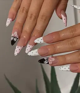 Black White Polka Dot Almond Nails | 3D Floral French Tip Press On Fake Nails