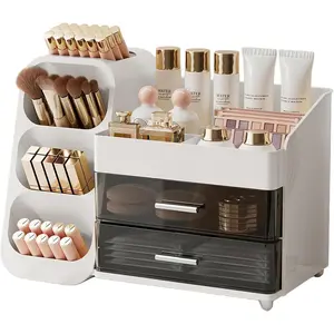 Makeup Organizer for Vanity with Brush Holder, Large Plastic Bathroom Countertop Skincare Organizer with 2 Drawers, Spacious Cosmetic Display Case for Perfumes, Eyeshadow Palettes, Nail Polishes