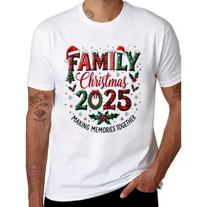 Unisex White 2025 Family Christmas T-Shirt Short Sleeve Cotton Holiday Shirt with Holly Candy Cane & Snowflake Patterns for All Seasons Casual Crew Neck Top Perfect for Family Matching Outfits