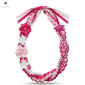 Class of 2026 Graduation Ribbon Lei, Pink White Braided Satin Graduation Necklace with Handmade Flower Accents, Grad Cap Charm & 2026 Lettering, Handcrafted Graduation Gift for High School & College Graduates