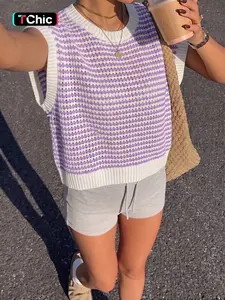 Women's Striped Knitted Vest Top, Round Neck Cap Sleeve Casual Loose Fit, Elegant Summer Fashion, Versatile Women's Knitwear, Womenswear