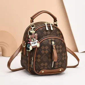 Fashionable Travel Backpack Bags for Women Square Material Beige Coffee Khaki Diamond Double R Material Vertical Zipper Slit Pocket Medium Soft PVC