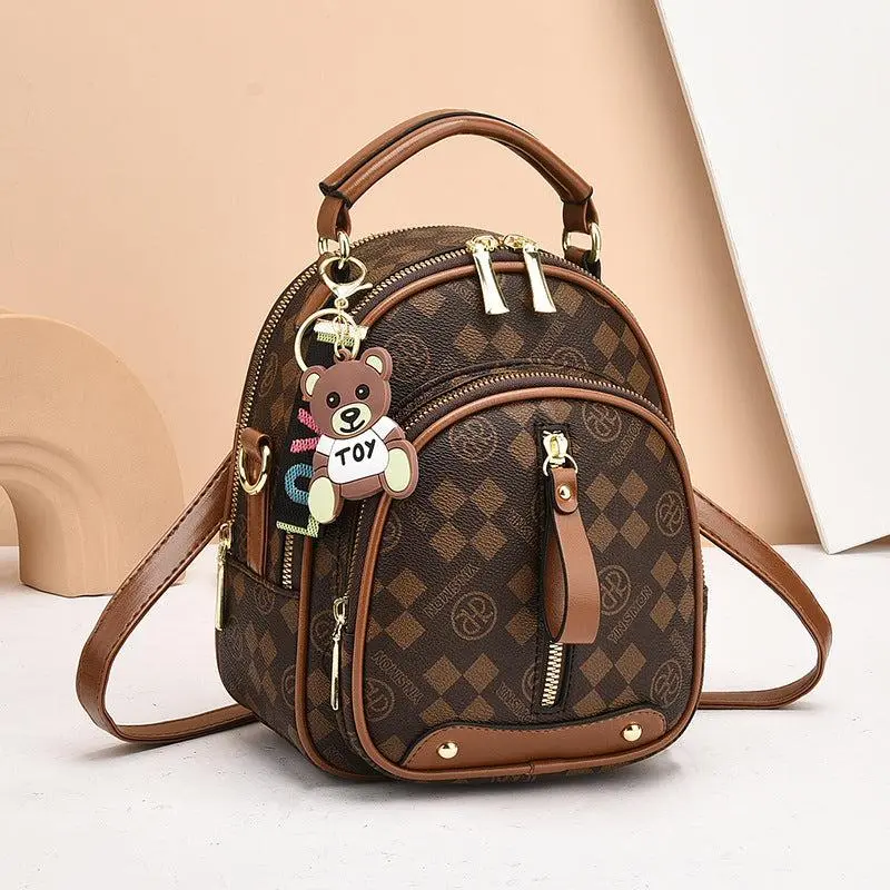 Fashionable Travel Backpack Bags for Women Square Material Beige Coffee Khaki Diamond Double R Material Vertical Zipper Slit Pocket Medium Soft PVC