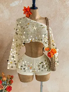 Sequin Crochet Off-Shoulder Crop Top & Shorts Set – Boho Beach Vacation Outfit for Women