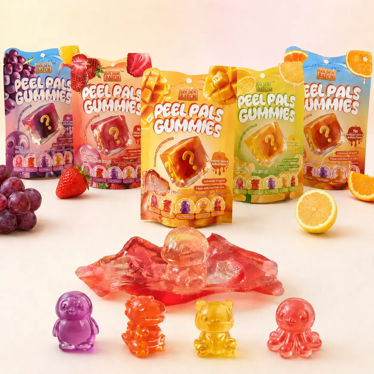Peelable Animal Blind Box Double-Layer Gummies Candy - Halal Certified, 4 Flavors, High VC, Real Fruit Juice, Natural Gelatin, Individually Wrapped Solid Chewy Snacks for Adults with Grape & Water Base