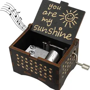 Hand-Crank Wooden Music Box “You Are My Sunshine” Romantic Gift for Lover Boyfriend Girlfriend Husband Wife,Vintage Laser Engraved,No Battery Needed,Intricate Floral Carving,Desktop Decor Ornaments