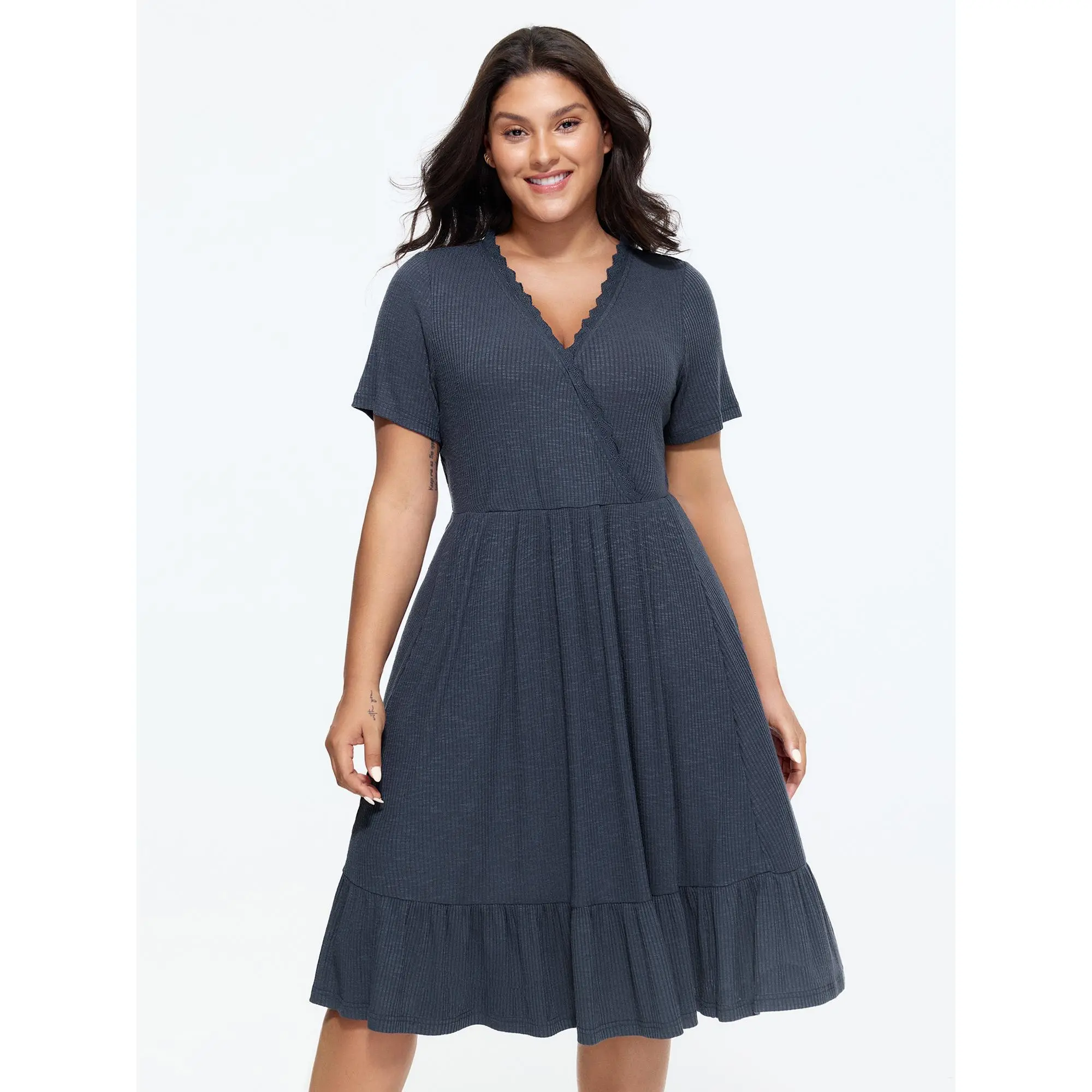 BloomChic Women's Plus Size Supersoft Lace Trim Ribbed Wrap Neck Shortsleeve Midi Dress [M-6X] - Basic Casual Spandex Garment, Lady, Happy Curves, Fit Blue, Low Iron, Pocket, Summer Finds, Comfortable Fabric