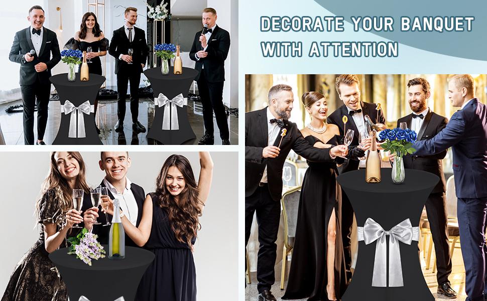 4 Pcs Black Spandex High-Top Cocktail Table Covers with Silver-White Satin Bow Sashes, 32"x43" Round Tablecloths, 4-piece black table cover with silver-white straps, Wineglass Centerpiece & Household Items Decor for Weddings, Bar Parties