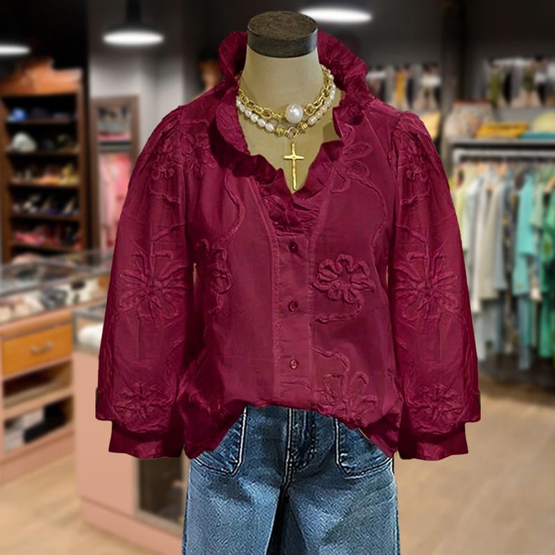 Cherrybetty Elegant Embroidered Flower Ruffle Neck Puff Sleeve Cotton Top Women Casual Style Vintage Blouse Cute Fall Outfits for Womenswear