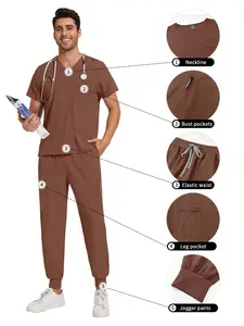 Men's Professional Workwear Set, SPA/Care Staff Fashion Uniform, Healthcare Uniform, V-Neck Short Sleeve Top, Sporty Pants, Pet Grooming Work Clothes, Medical Scrubs