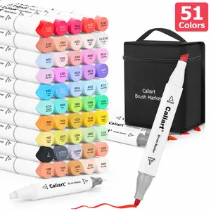 Caliart Official 51Colors Alcohol Based Artist Markers Brush Tip Dual Tip Marker Set Permanent Colored Pens for Adult Coloring Drawing Sketch Illustration Card Making Art Supplies Craft Supplies DIY Crafts Journaling Notebook Planner Teacher Gift FS