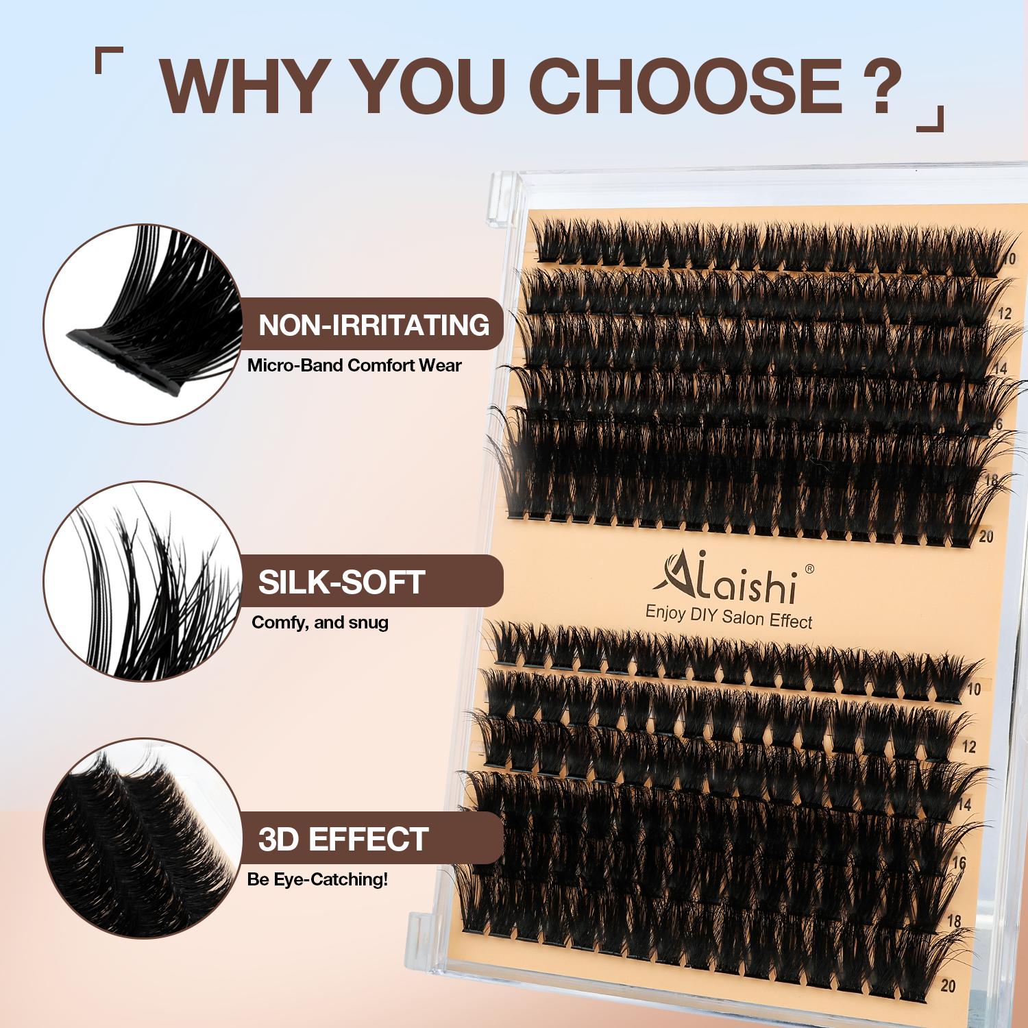 Ailaishi 150D Lash Clusters Kit, 156PCS DlY Eyelash Extensions, 10-20mm Dense Volume Lashes with Bond &Seal、 Remover 、Tweezers for Self Use