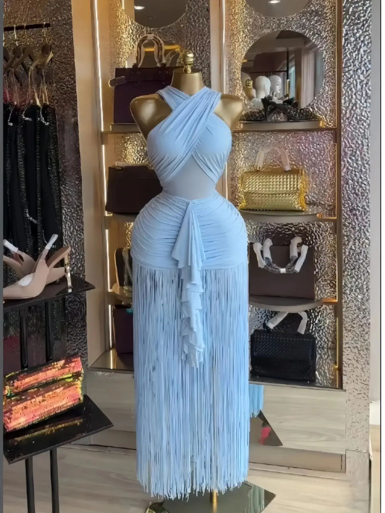 PULKRITU Women's Cross Strap Fringe Long Prom Dress,Spring Lady Skirts,Sexy Design Elegant Style Party Outfit,Evening Cocktail Night Tassel Chic Engagement Dresses