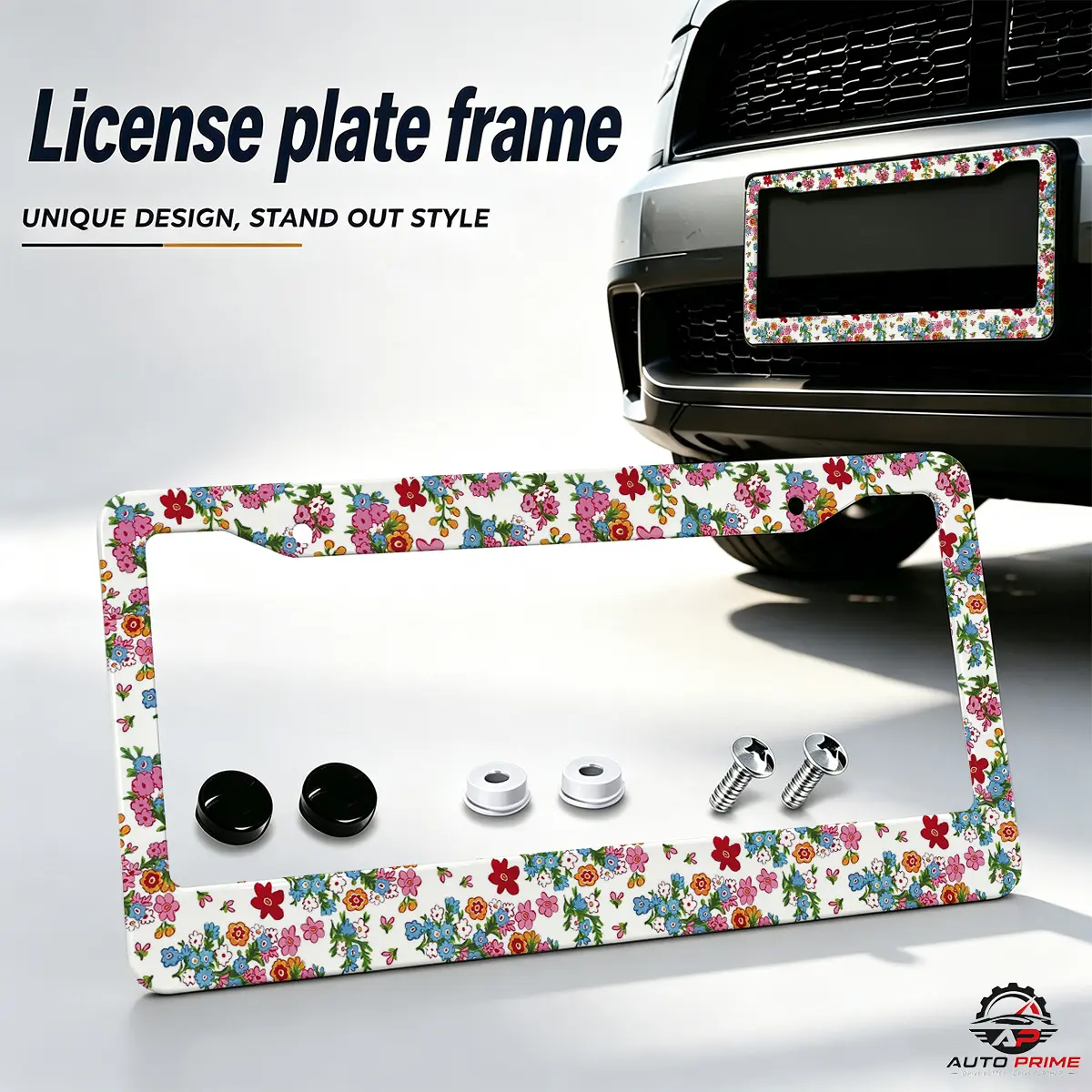 2-PCS Floral Pattern License Plate Frame Aluminum Car Tag Holder Universal Fit Car Accessories Auto Accessories for SUV Truck Vehicle Exterior Decor