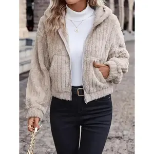 Women's Solid Color Fuzzy Hooded Zip-Up Jacket with Pockets - Casual Drop-Shoulder Long-Sleeve Fall & Winter Sports Outerwear for Daily Wear (Gift), Jackets