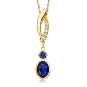 14K Yellow Gold Blue Sapphire and Blue Created Sapphire and Lab Grown Diamond Pendant Necklace for Women | 0.77 Cttw | Gemstone September Birthstone | Oval 7X5MM | With 18 Inch Chain